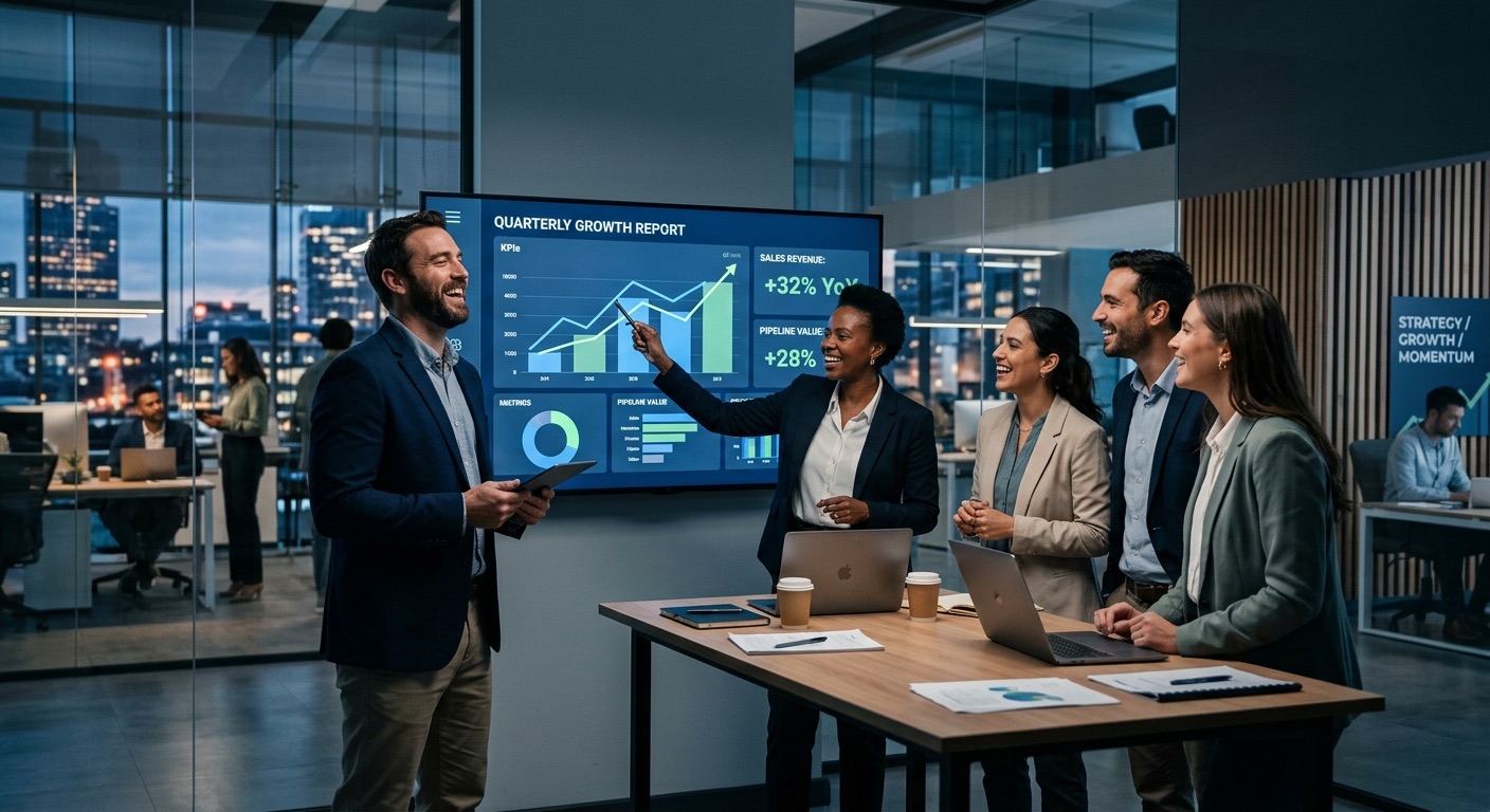 A sales team reviewing growth in deliverability results