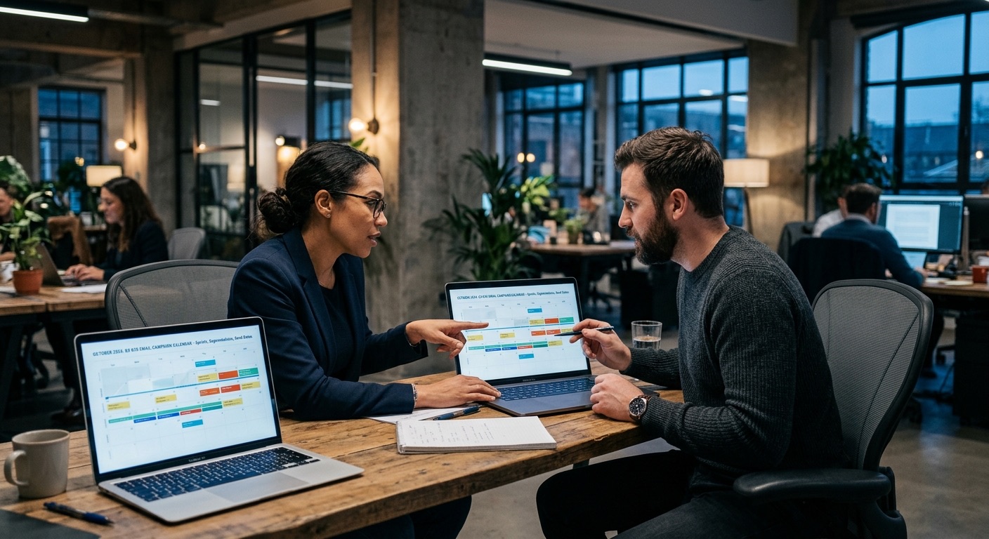 Two marketers planning a campaign calendar
