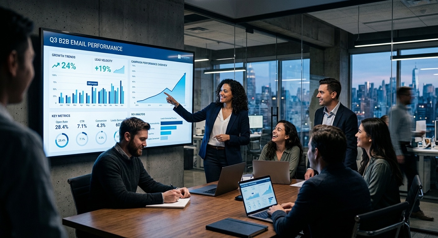 A marketing team reviewing email performance dashboards